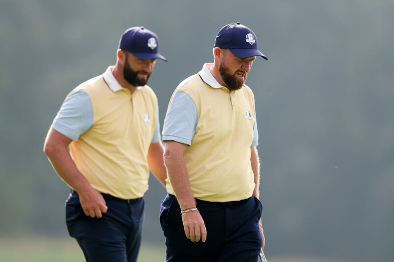 Jon Rahm and Shane Lowry on Black Course at Bethpage on Wednesday. Photograph: Andrew Redington/Getty