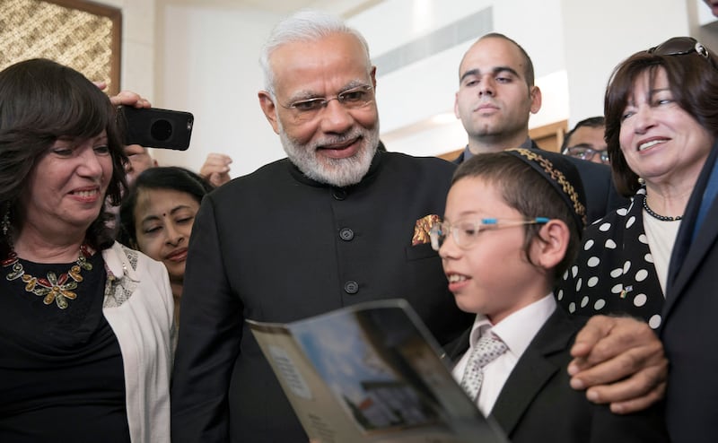 Indian prime minister Narendra Modi with Moshe Holtzberg, the son of a US rabbi and his wife who were among those killed in the 2008 Mumbai terrorist attacks, in Jerusalem in 2017. Photograph: Atef Safadi/AFP/Getty