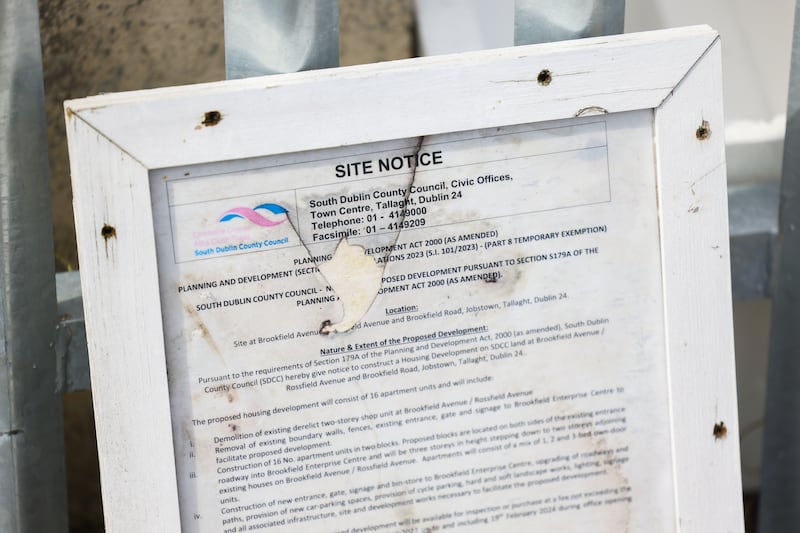 A planning notice at the site on Rossfield Avenue, Tallaght. Photograph: Dan Dennison
