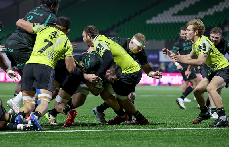 Connacht's Paul Boyle goes over to complete a hat-trick of tries in the Challenge Cup game against Black Lion at Dexcom Stadium. Photograph: James Crombie/Inpho