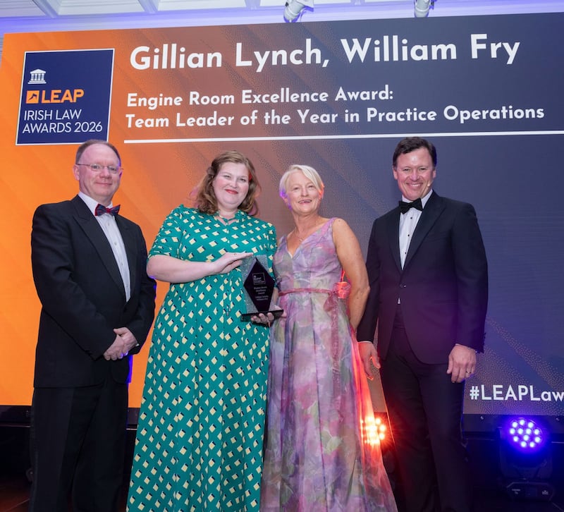 Richard Hammond, solicitor and partner at Hammond Good and chair of the judging panel of the Leap Irish Law Awards; Gillian Lynch, director of knowledge at William Fry; Juli Rea, judge at the Leap Irish Law awards; and Anton Savage, MC of the night. Photograph: Paul Sherwood
