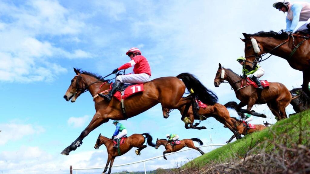 Runners and riders, including eventual winner Wish Ye Didnt ridden by Nina Carberry, clear Ruby’s Double during the Kildare Hunt Club Fr Sean Breen Memorial Chase at Punchestown. Photograph: Pat Healy/PA