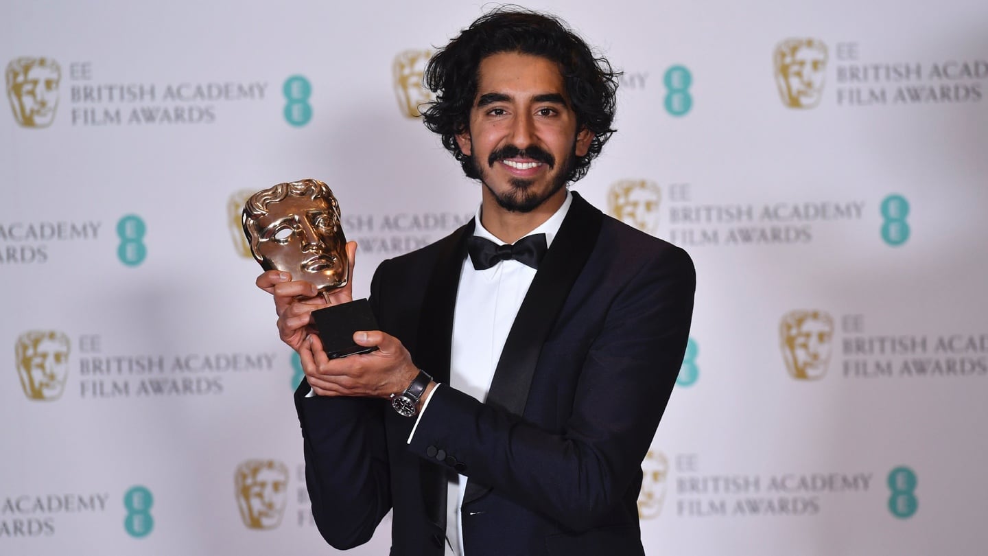 British actor Dev Patel poses with the award for a Supporting Actor for his work on the film Lion. Photograph: Getty Images