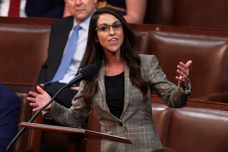 US Republican Lauren Boebert speaks in the House of Representatives during the third day of voting in the election for speaker on Thursday. Photograph: Win McNamee/Getty Images