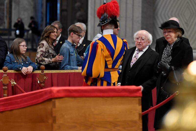 President Michael D Higgins and his wife Sabina pay their respects to the late Pope Francis at St Peter's Basilica in the Vatican. Photograph: President of Ireland's office/PA Wire 
