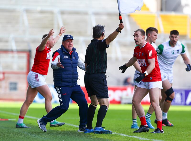Cork's John Cleary and Mattie Taylor appeal to Maurice Deegan during the All-Ireland SFC Round 2 qualifier against Limerick at Páirc Uí Chaoimh. Photograph: Ken Sutton/Inpho