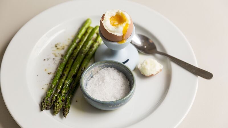 Boiled eggs and asparagus soldiers.  Photograph: Emma Jervis