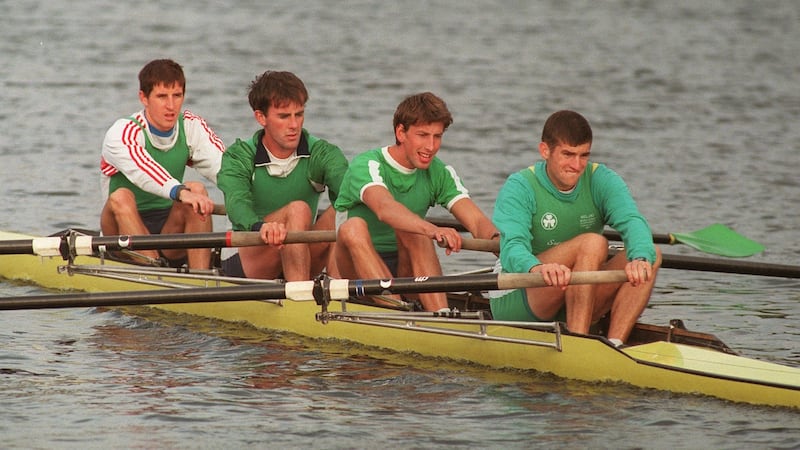 The Irish Olympic Lightweight four training at Islandbridge from left, Derek Holland, Tony O Connor, Neville Maxwell and Sam Lynch, 1996. Photograph: Cyril Byrne