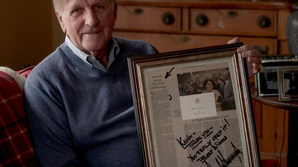 Kevin Dowd, brother of New York Times columnist Maureen Dowd, holds one of his guest columns signed by President Donald Trump, in Rockville, Maryland. Trump wrote: “Kevin – thank you – you truly get it! Best wishes, Donald Trump.” Photograph: Gabriella Demczuk/New York Times