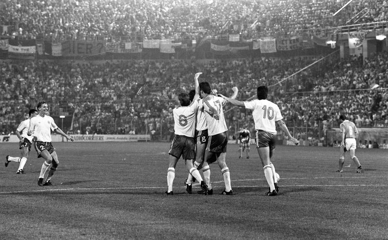 Republic of Ireland players celebrate Niall Quinn's equaliser against Holland during the 1990 World Cup clash in Stadio Della Favorita, Palermo. Photograph: Independent News and Media/Getty Images