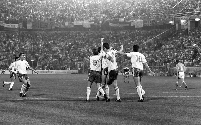 Republic of Ireland players celebrate Niall Quinn's equaliser against Holland during the 1990 World Cup clash in Stadio Della Favorita, Palermo. Photograph: Independent News and Media/Getty Images