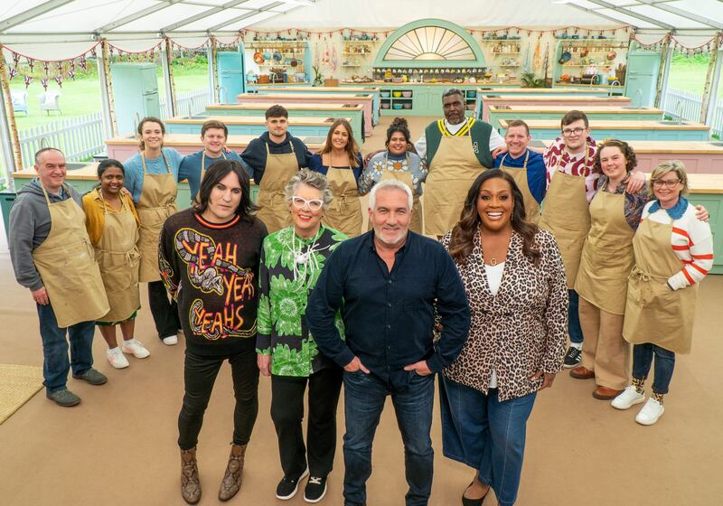 Noel Fielding, Prue Leith, Paul Hollywood and  new presenter Allison Hammond with this year's Great British Bake Off contestants. Photograph:  Channel 4