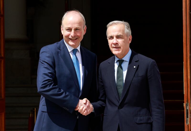 Taoiseach Micheál Martin TD and Canadian prime minister Mark Carney at Government Buildings in Dublin on Saturday. Photograph: Conor Ó Mearáin/PA Wire