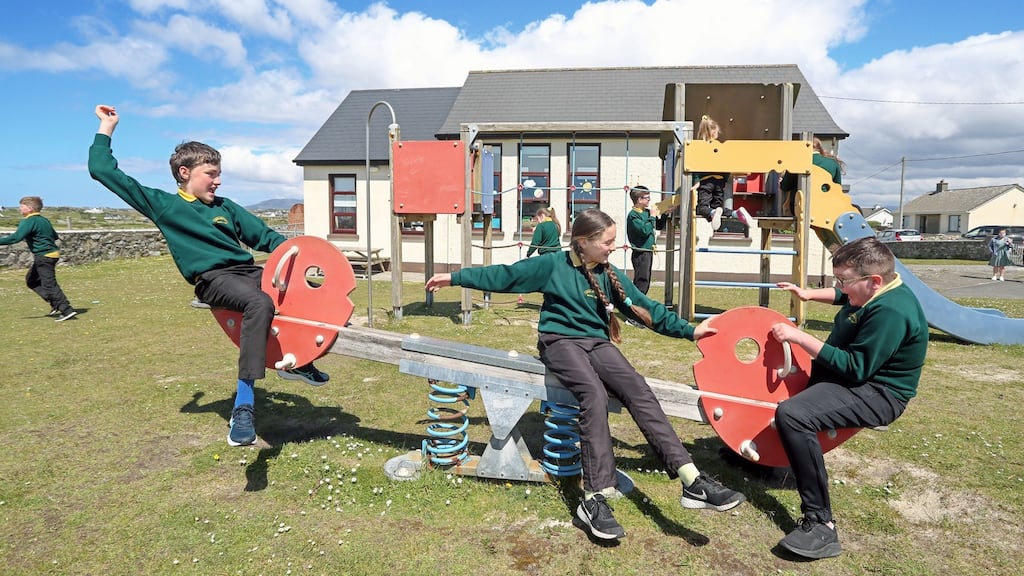 Pupils during playtime at Scoil Cholmáin in Muighinis near   Carna, Co Galway. Photograph: Joe O Shaughnessy