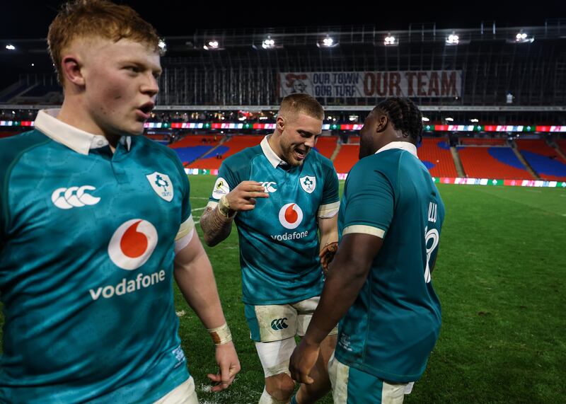 Ireland's Sean Jansen celebrates with Sam Illo after the game. Photograph: Ben Brady/Inpho
