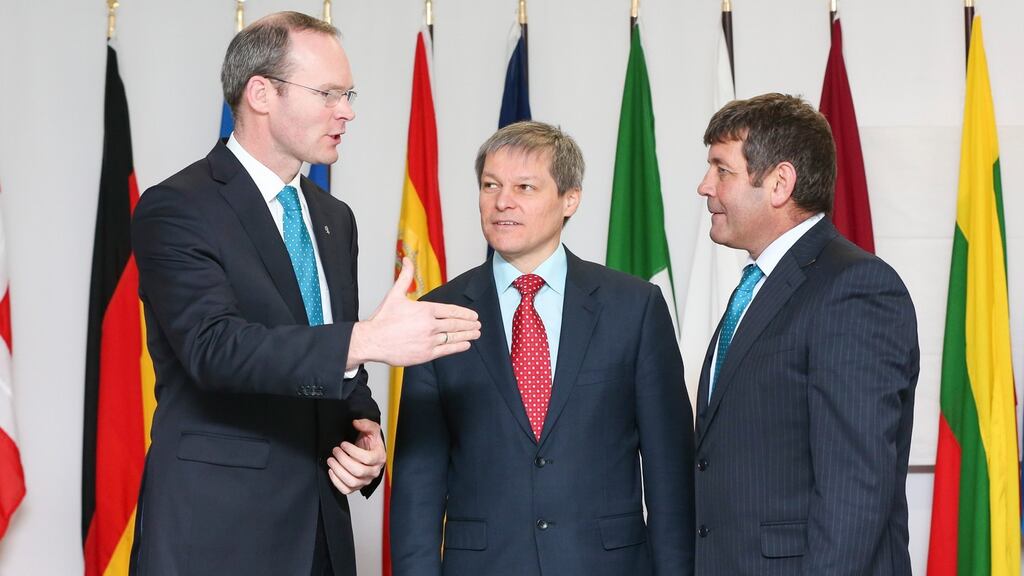 (From left) Minister for Agriculture Simon Coveney, European commissioner for agriculture and rural development Dacian Ciolos; and Andrew Doyle, chairman of the Oireachtas Committee on Agriculture, Food and the Marine, at a meeting in Dublin earlier this month. Mr Coveney said he was glad the alternative Irish model had been adopted in full.