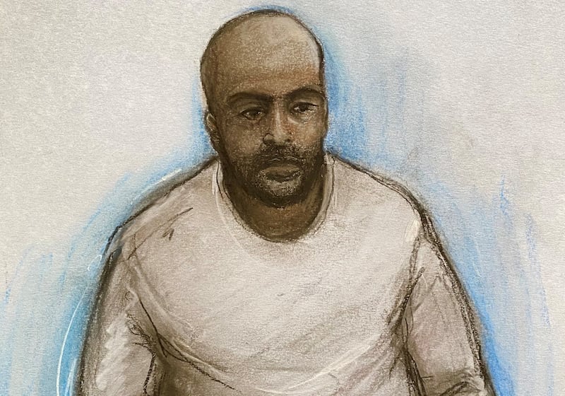 Hadi Alodid appearing via video link at Belfast Magistrates' Court on Wednesday. Court artist drawing: Elizabeth Cook/PA Wire 
