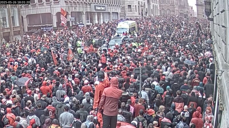 Screen grab of Paul Doyle's car being driven through crowd on Water Street, Liverpool. Photograph: PA