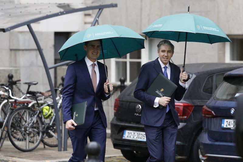 Ministers Jack Chambers and Simon Harris at Government Buildings ahead of their Dáil speeches. Photograph: The Irish Times/ Nick Bradshaw