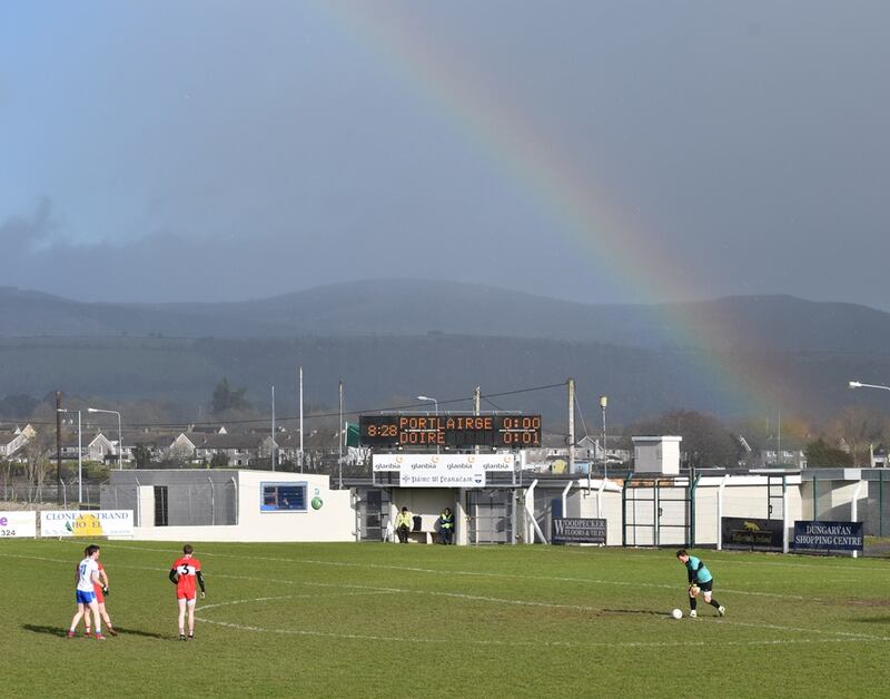 Derry goalkeeper Thomas Mallon prepares to take a kick-out during their Division 4 win over Waterford in 2019.  Current midfielder Brendan Rogers is the Derry full-back. Photograph: Joe Clarke
