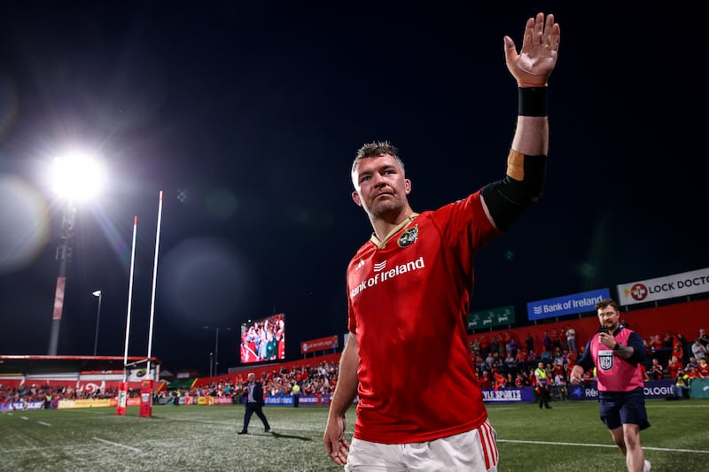 Munster's Peter O’Mahony waves to fans after the game. Photograph: Ben Brady/Inpho