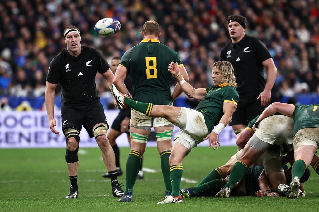 South Africa's scrum-half Faf de Klerk kicks the ball during the 2023 Rugby World Cup final against New Zealand - it feels now that in the game of rugby having possession is a disadvantage. Photograph: Anne-Christine Poujoulat/AFP via Getty Images