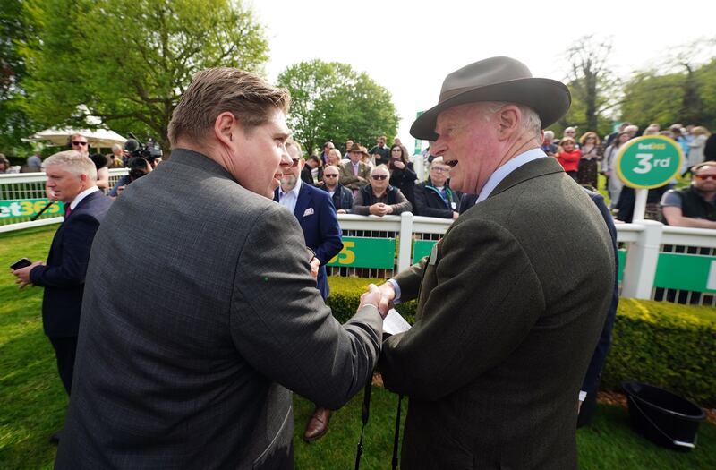 Dan Skelton congratulates Willie Mullins at Sandown on Saturday. Photograph: David Davies/PA Wire for The Jockey Club