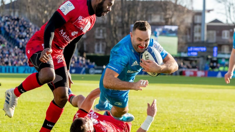 Dave Kearney scores a try  in Leinster’s Heineken Champions Cup  victory over Lyon at the RDS in January. Photograph: Morgan Treacy/Inpho