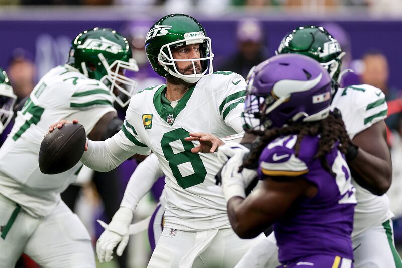 New York Jets' Aaron Rodgers in action agains the Minnesota Vikings at Wembley Stadium, London. Photograph: Laszlo Geczo/Inpho