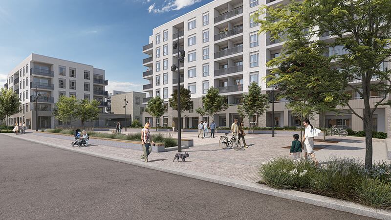 Illustration of planned development for 578 new homes at Emmet Road (formerly St Michael’s estate), Inchicore, Dublin 8. Image: Dublin City Council/3D Design Bureau