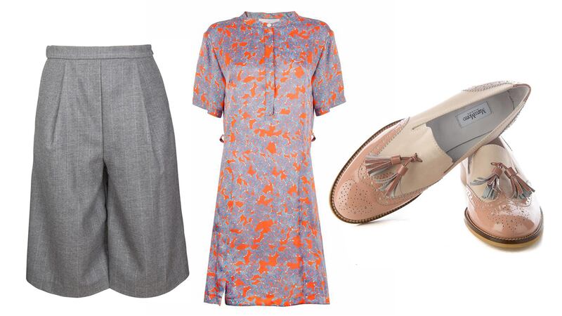 (L-R)city culottes, €85, at the Design Centre. Thakoon silk shirt dress from Costume. Pastel loafer, €140, by Marco Moreo at Fabucci