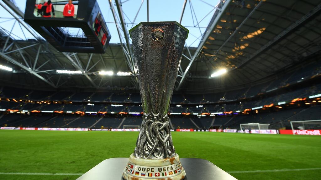 The Europa League trophy ahead of the final between Ajax and Manchester United at Friends Arena in Stockholm, Sweden. Photograph: Mike Hewitt/Getty Images