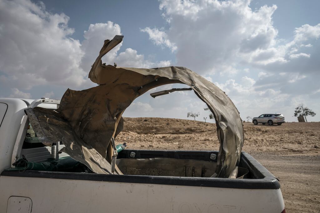 Parts of an Iranian missile that was fired at Israel in a pickup truck outside Arad, Israel, on Sunday. Photograph: Sergey Ponomarev/The New York Times