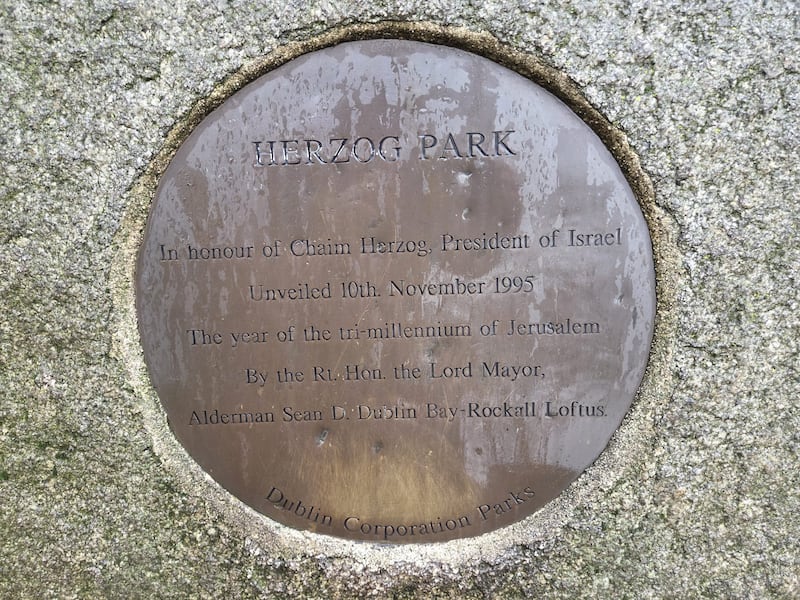 Herzog Park's founding plaque in Rathgar, Dublin. Photograph: Joe Humphreys
