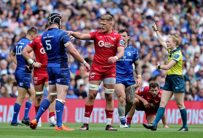 Scarlets' Taine Plumtree reacts to a decision during last Saturday's URC quarter-final, which Leinster won to set up a semi-final date with Glasgow. Photo: Dan Sheridan/Inpho