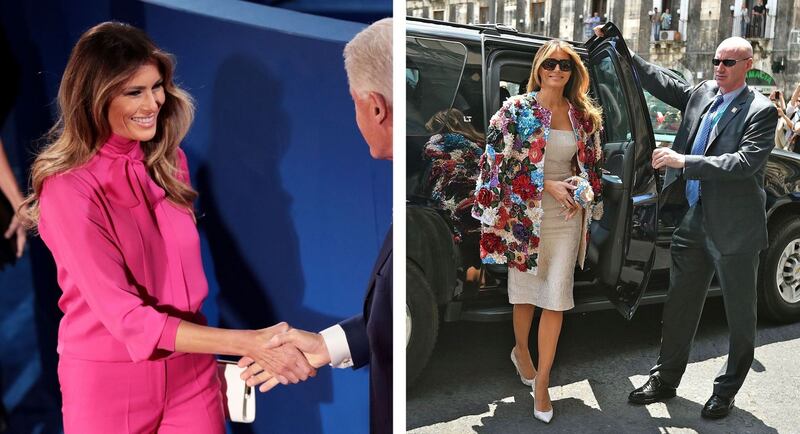 Melania Trump at the second presidential debate in 2016; and in Italy during the 2017 G7 summit. Photograph: Patrick Semansky/Associated Press/Giovanni Isolino/Agence France-Presse