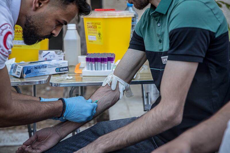 A blood drive for Gaza taking place outside the Nablus governorate building. Photograph: Sally Hayden