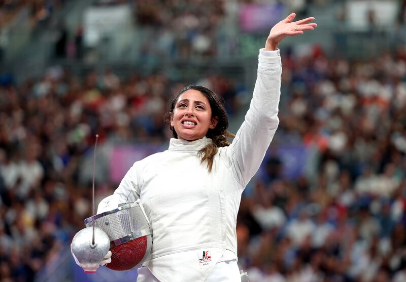 PARIS, FRANCE - JULY 29: Nada Hafez of Team Egypt applauds fans after her victory against Elizabeth Tartakovsky of Team United States (not pictured) in the Fencing Women's Sabre Individual Table of 32 on day three of the Olympic Games Paris 2024 at Grand Palais on July 29, 2024 in Paris, France. (Photo by Al Bello/Getty Images)
