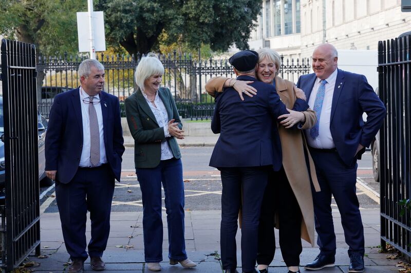 Ministers Kevin 'Boxer’ Moran, Marian Harkin, Michael Healy Rae and Noel Grealish speaking to media in support of Presidential Candidate Heather Humphreys in advance of the last televised debate in the campaign.   Photograph: Alan Betson 

