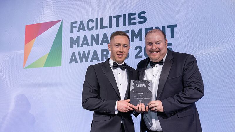 Mark M Cullen, senior contracts manager at Sensori FM presents the excellence in sustainability - in house award to Darren Byrne, Tulfarris Hotel & Golf Resort