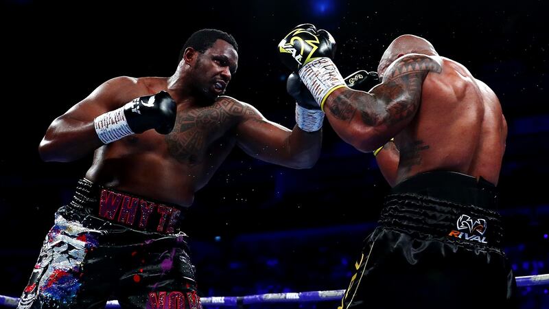 Dillian Whyte punches Oscar Rivas during the WBC interim title and final eliminator at The O2 Arena in  July 2019. Photograph: Dan Istitene/Getty Images