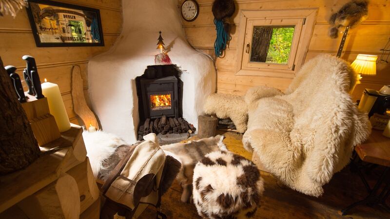A view inside the wood cabin of Derek McCarthy from Irish Hide Designs. Photograph: Diarmuid Greene