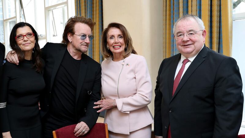 Bono with his wife Ali Hewson, US speaker Nancy Pelosi and Ceann Comhairle Seán Ó Fearghaíl  after Ms Pelosi’s address in the Dáil on Wednesday. Handout photograph: Maxwell Photography/PA Wire