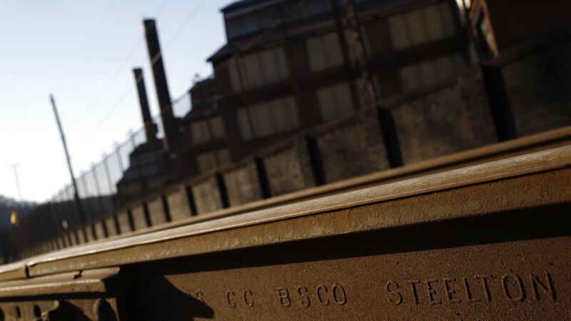 Railroad rails manufactured by Bethlehem Steel Corp’s former Steelton company sit in downtown Johnstown, Pennsylvania. Photograph: Luke Sharrett/Bloomberg via Getty Images