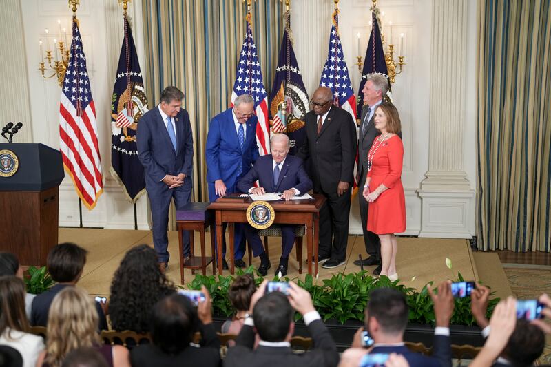 The signing caps a spurt of legislative productivity for Joe Biden and Congress, who in three months have approved legislation on veterans’ benefits, the semiconductor industry and gun checks for young buyers. Photograph: Doug Mills/The New York Times