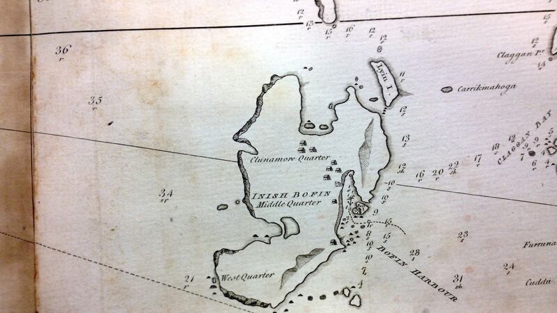 Maritime chart of Inishbofin island compiled by Murdoch McKenzie in 1776. It highlights the harbour and entrance but also records a lost castle above the existing church on the harbour which is very close to where the fragment of the castle doorway was located. The location is also shown as the site of a castle on the 19th century maps of the island. File photograph: Courtesy  Royal Irish Academy