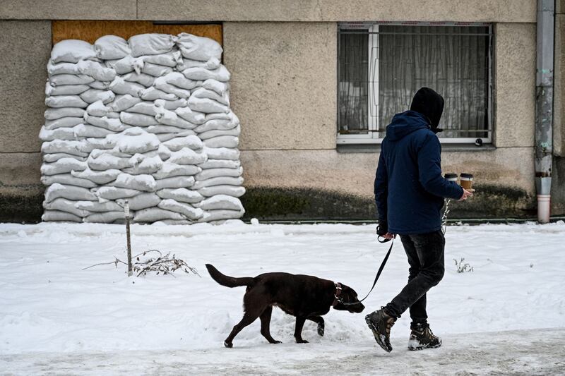 A man walks his dog down a snow-covered street in the western Ukrainian city of Lviv amid the continuing Russian invasion of Ukraine. Photograph: Yuriy Dyachyshyn/AFP/Getty