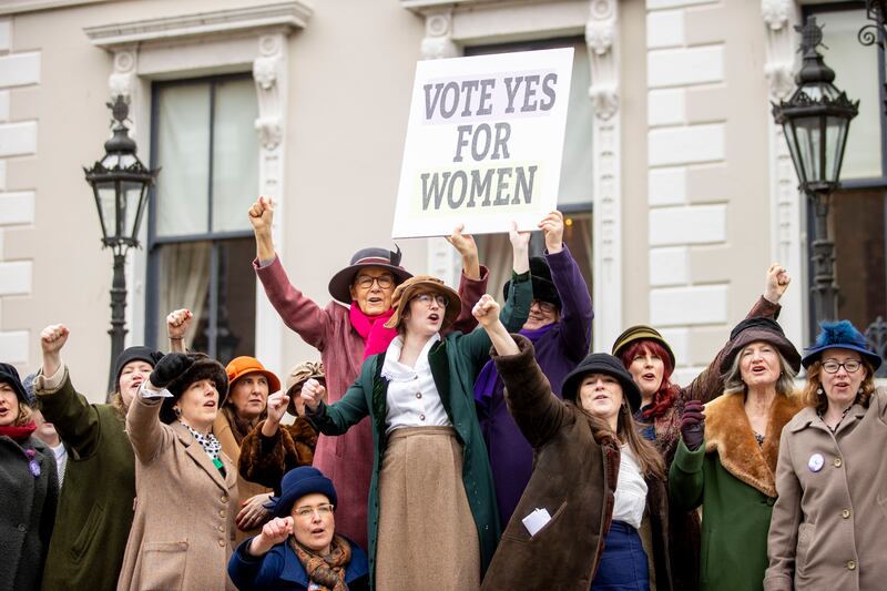 Supporters of a Yes-Yes vote pictured at the re-enactment of 1937 constitutional debates at the Mansion House, Dublin. Photograph: Tom Honan
