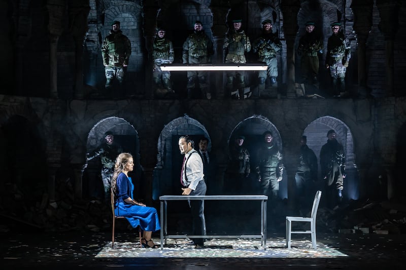 Claudia Boyle (Zoraida), Konu Kim (Almuzir) and members of the Chorus of Zoraida di Granata, showing at Wexford Festival Opera 2023. Photograph: Clive Barda/ArenaPAL