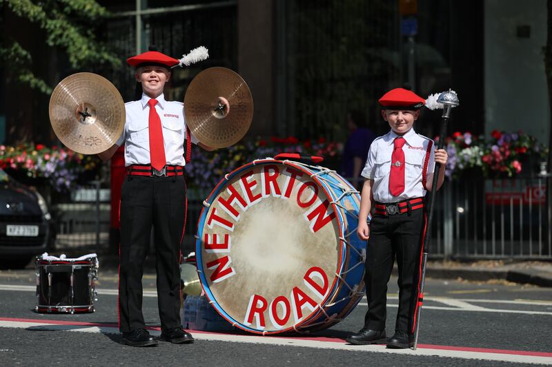 Netherton Road Flute Band members Ollie Balsillie, 11, and Henry Blair, seven, from Wishaw. Photo: Liam McBurney/PA